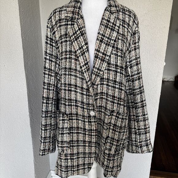 POL Oversized Plaid Long Blazer Heavy Tweed Plaid Blazer Jacket Size Large - Picture 2 of 11